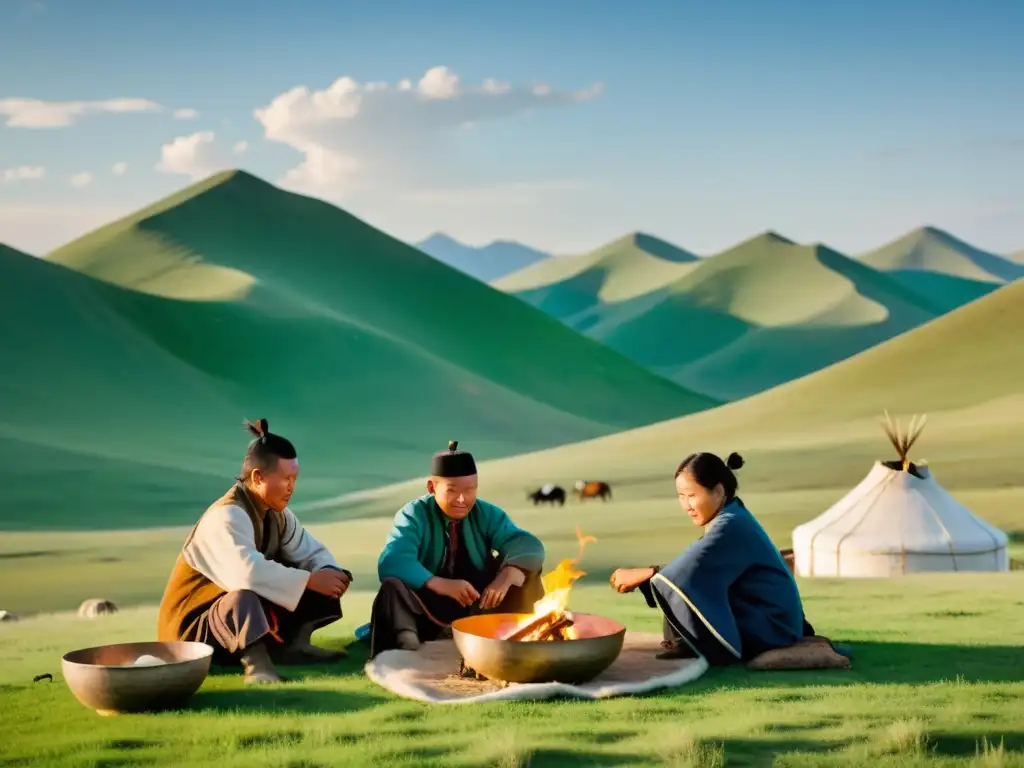 Grupo de pastores nómadas mongoles en la estepa, junto al fuego, tocando instrumentos y vertiendo leche de yegua fermentada