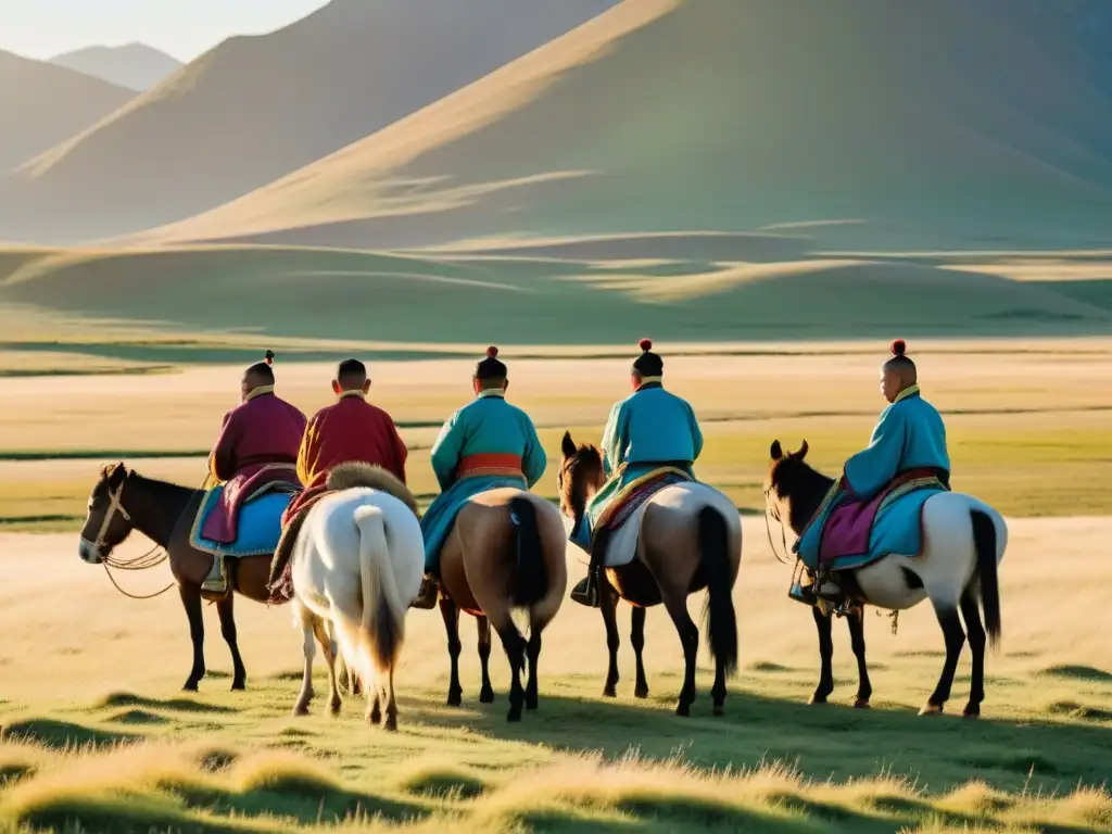 Grupo de pastores nómadas mongoles con sus rebaños en la vasta estepa