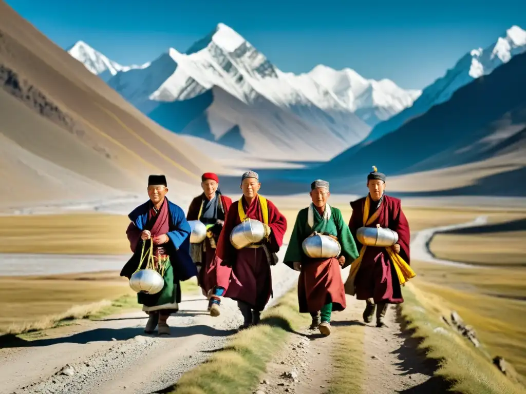 Un grupo de peregrinos mongolas camina hacia Tibet en un paisaje majestuoso, con montañas nevadas de fondo