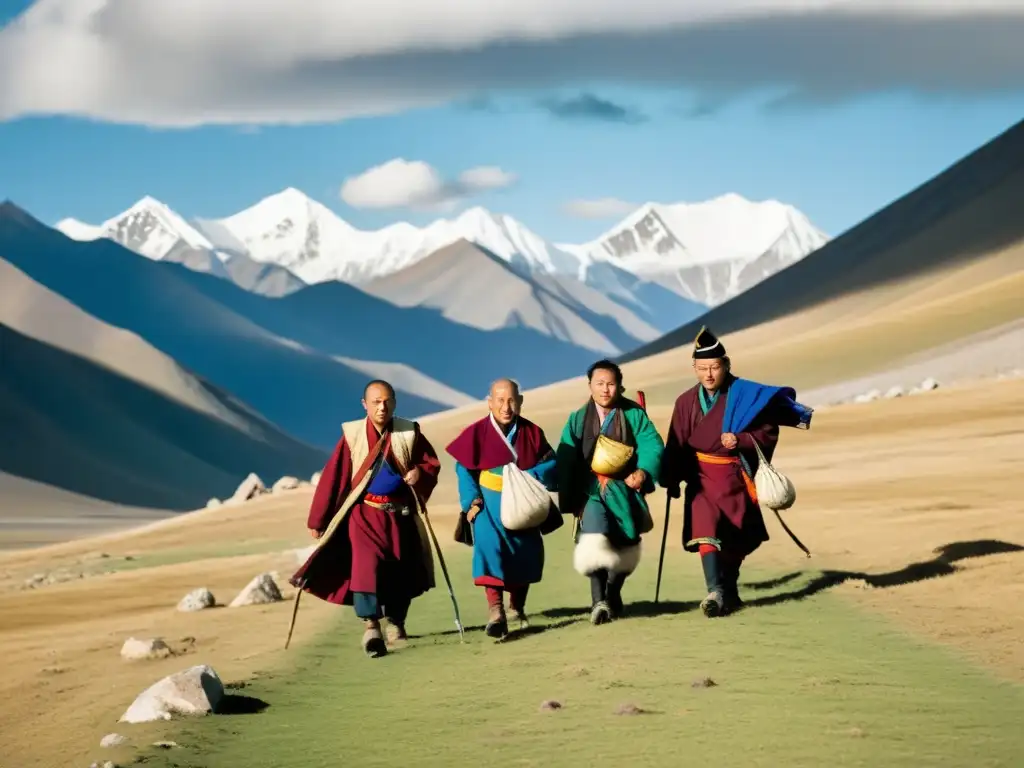 Grupo de peregrinos mongolas en ruta hacia un monasterio tibetano, evocando historias de devoción mongola budismo