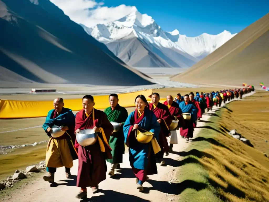 Grupo de peregrinos mongoles vestidos tradicionalmente, en ruta hacia un majestuoso monasterio budista en el Tibet, rodeados de montañas nevadas y orando, transmitiendo historias de devoción mongola budismo