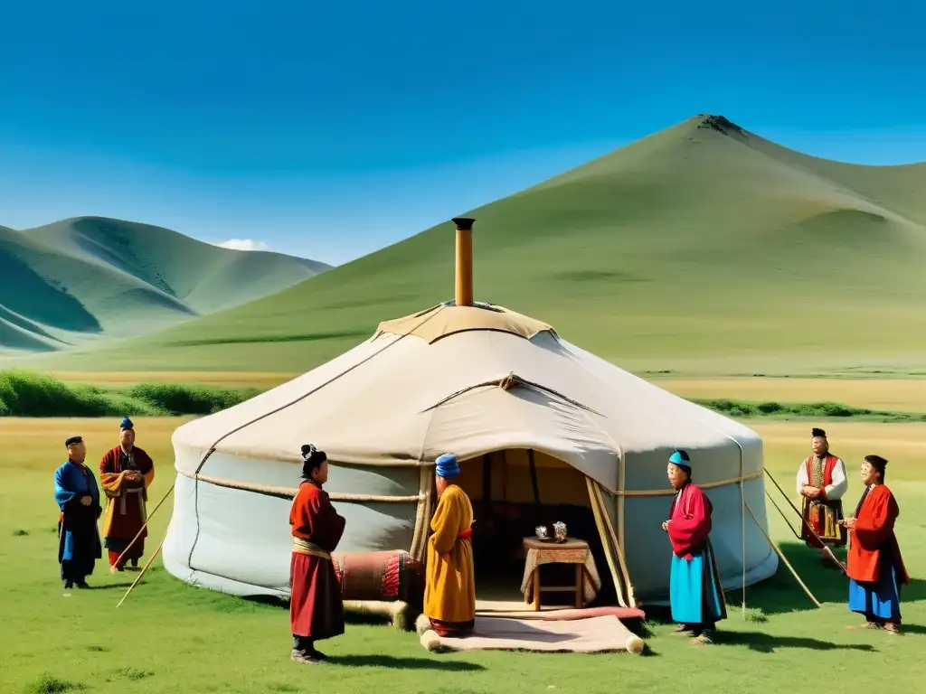 Grupo de poetas y actores en campamento yurta mongol, recitando versos y actuando escenas