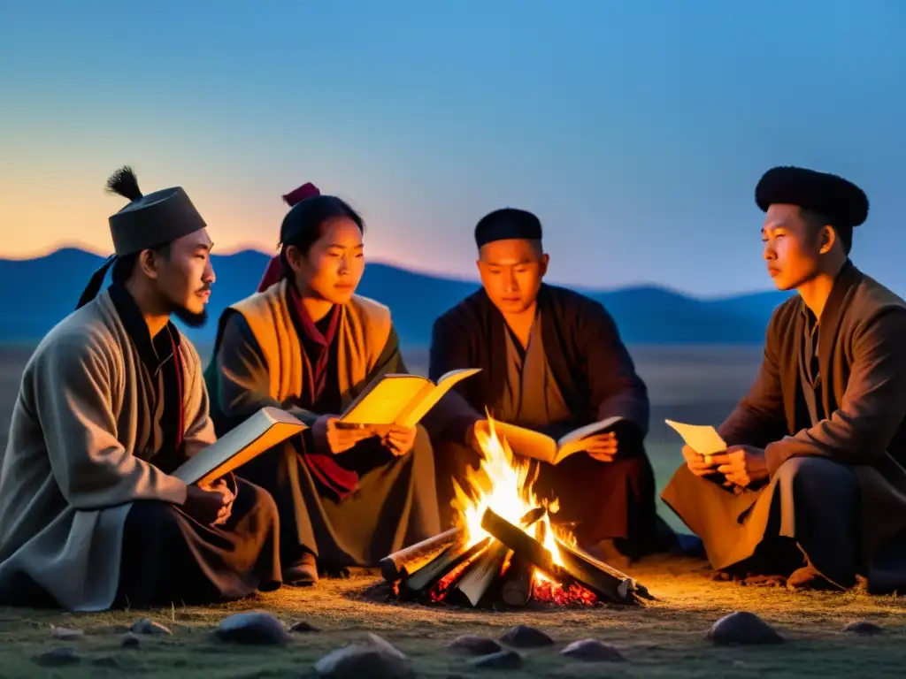 Grupo de poetas recitando junto a fogata, desafiando invasiones mongolas con sus expresiones culturales