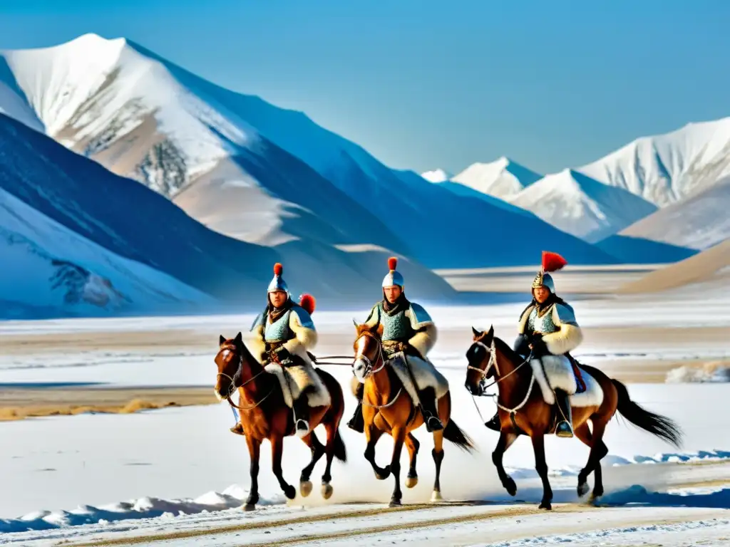 Un grupo de soldados mongoles a caballo atraviesa un paisaje nevado y desolado