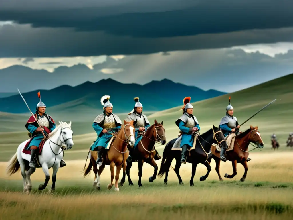 Un grupo de soldados mongoles a caballo con armaduras tradicionales en la estepa, mostrando la integración táctica del ejército mongol