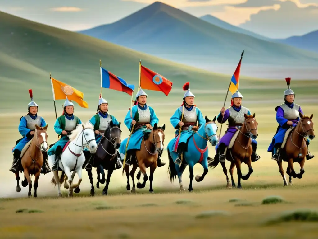 Un grupo de soldados mongoles a caballo, comunicándose con banderas y gestos en la estepa