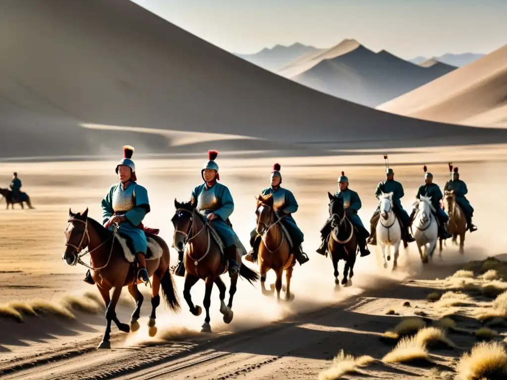 Un grupo de soldados mongoles a caballo atraviesa un paisaje árido, con sus caravanas de suministros