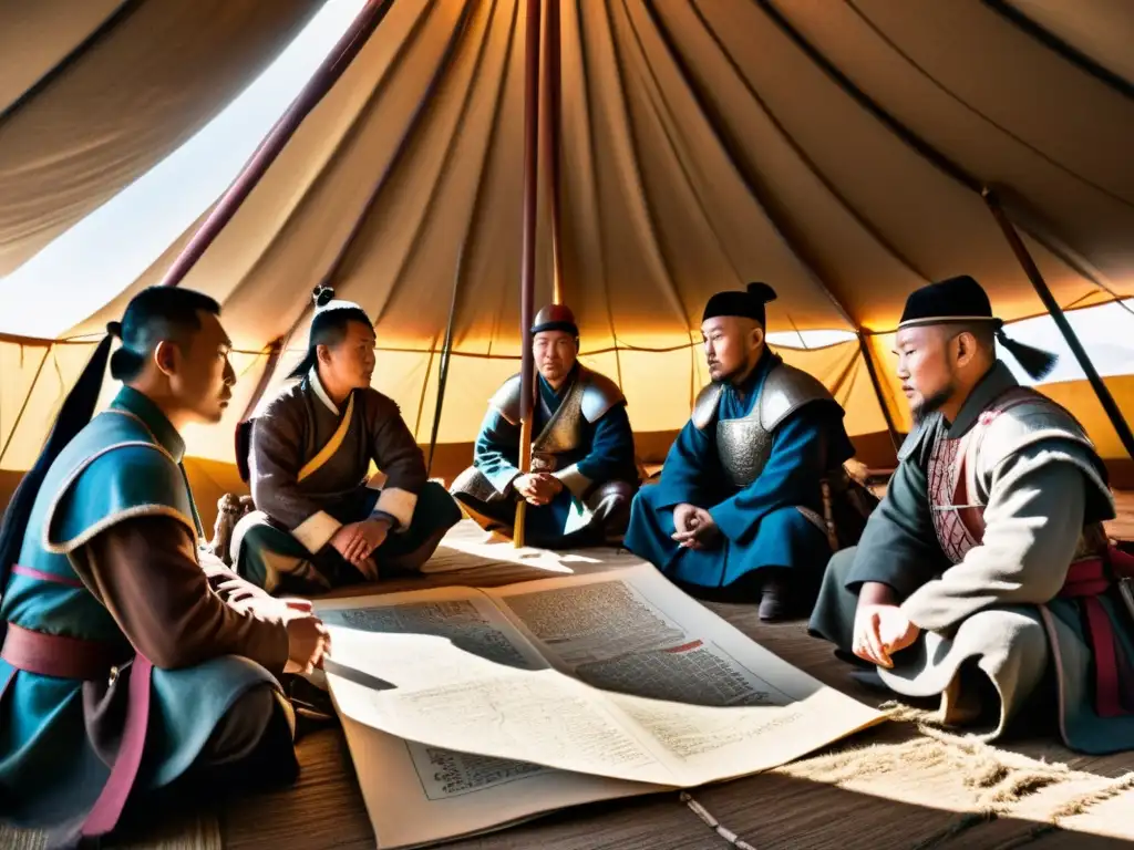 Grupo de soldados mongoles planeando estrategias en una tienda de guerra, con mapas y armas