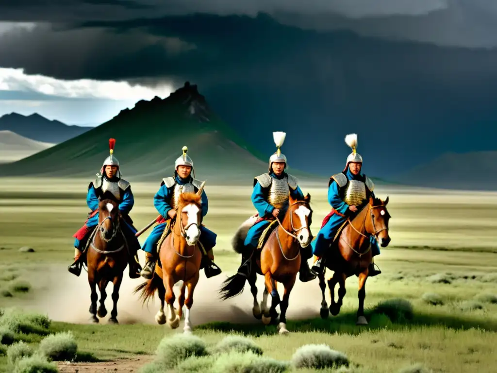 Un grupo de soldados mongoles cabalgando a través de un paisaje vasto y árido, con una tormenta en el horizonte