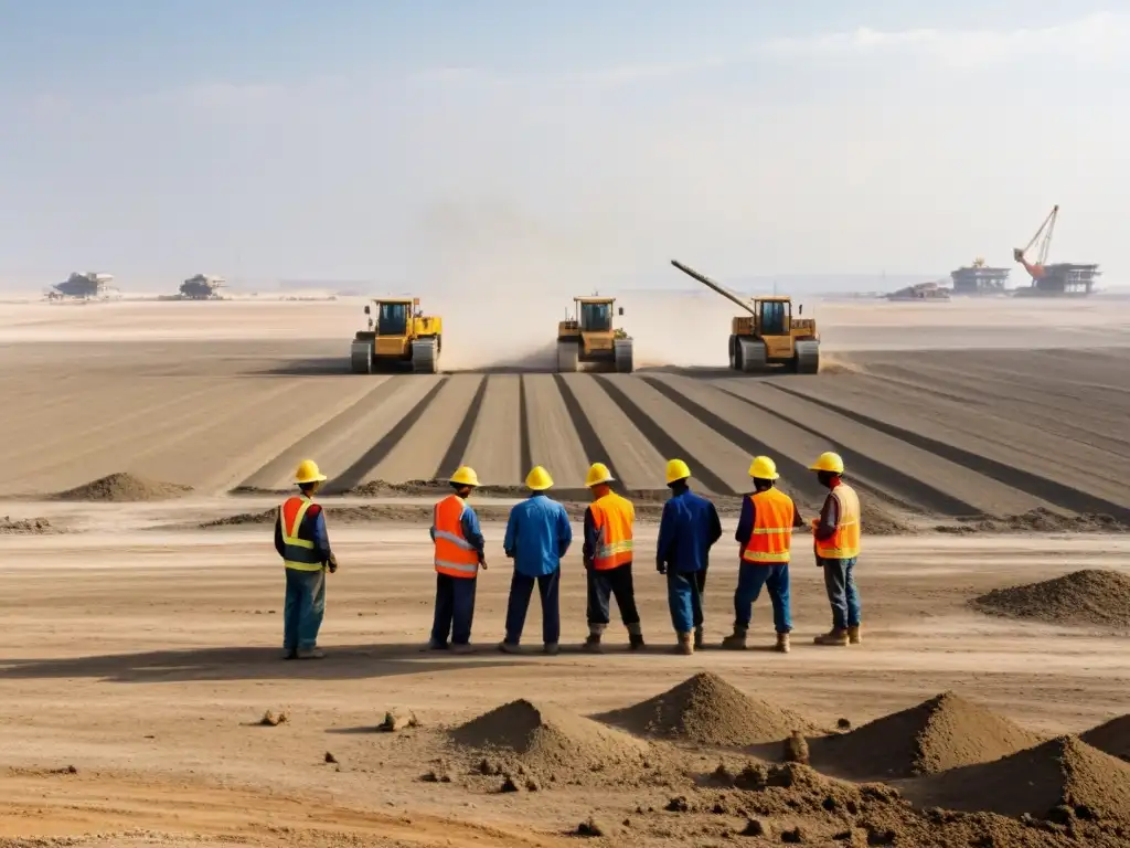 Grupo de trabajadores y ingenieros reconstruyendo territorios conquistados en las vastas estepas, con determinación bajo el cielo azul