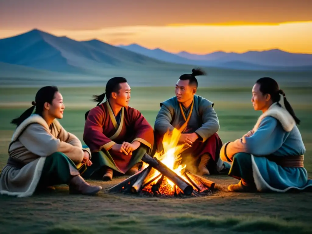 Grupo en trajes tradicionales mongoles alrededor de fogata al atardecer, discutiendo tácticas inspiradas por Gengis Khan en la estepa mongol