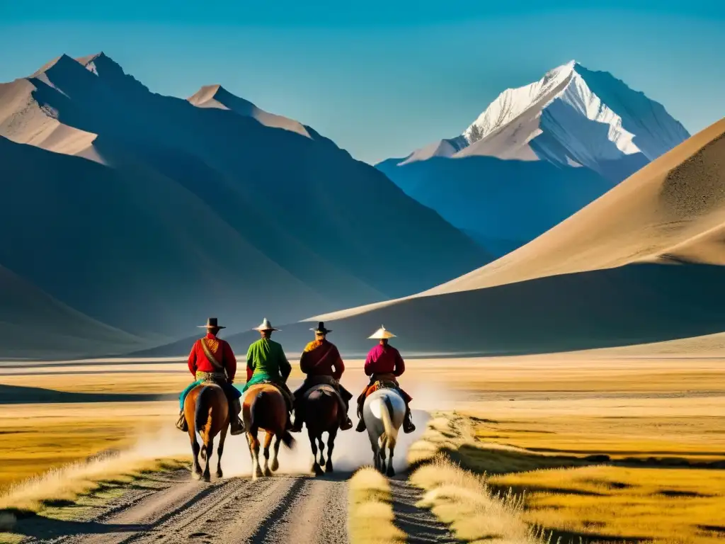 Grupo de viajeros a caballo en las rutas comerciales secundarias del Imperio Mongol, con paisaje montañoso de fondo