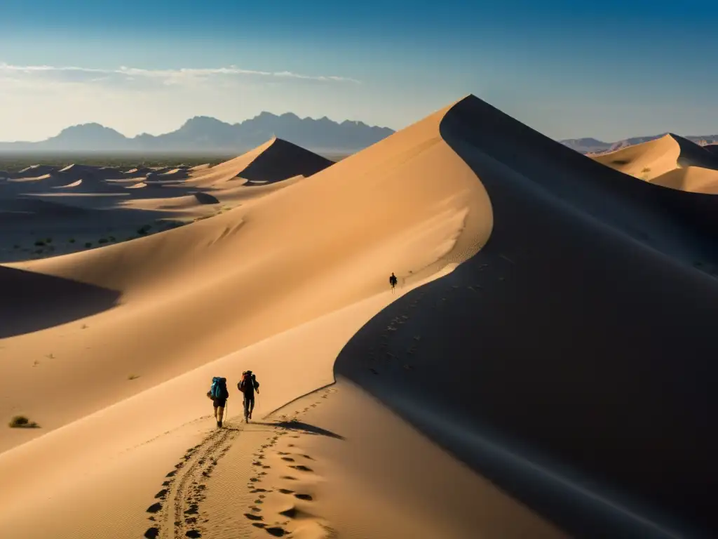 Un grupo de viajeros avanza en camellos por un desierto expansivo, bajo un cielo azul claro y dunas de arena