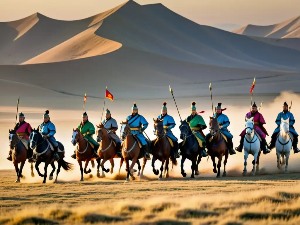 Dos grupos de jinetes en la llanura al atardecer: la ágil caballería mongol y la pesada caballería, destacando las diferencias entre caballería mongol