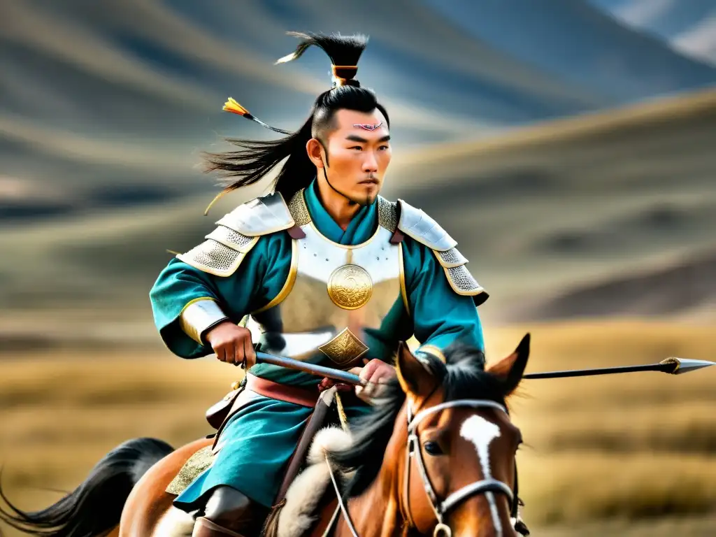 Un guerrero mongol hábil cabalga con destreza en la estepa, demostrando las tácticas de caballería del Imperio Mongol