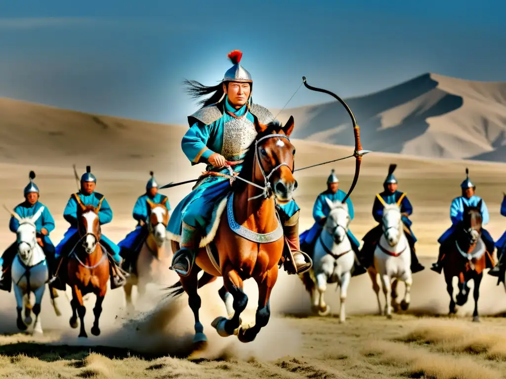 Un guerrero mongol a caballo con armadura tradicional y arco, liderando una carga en las vastas estepas de Asia Central, reflejando el poderío del Imperio Mongol y su legado histórico y cultural