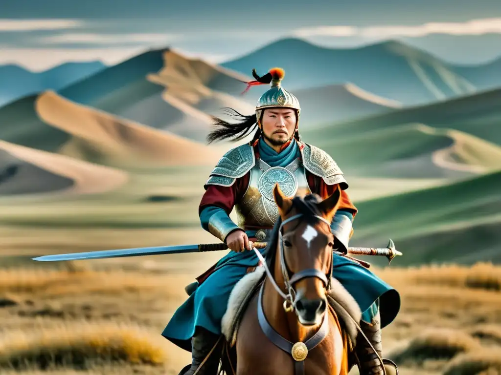 Guerrero Mongol a caballo en la estepa, con armadura y espada, capturando el arte de la guerra Mongol en paisaje épico