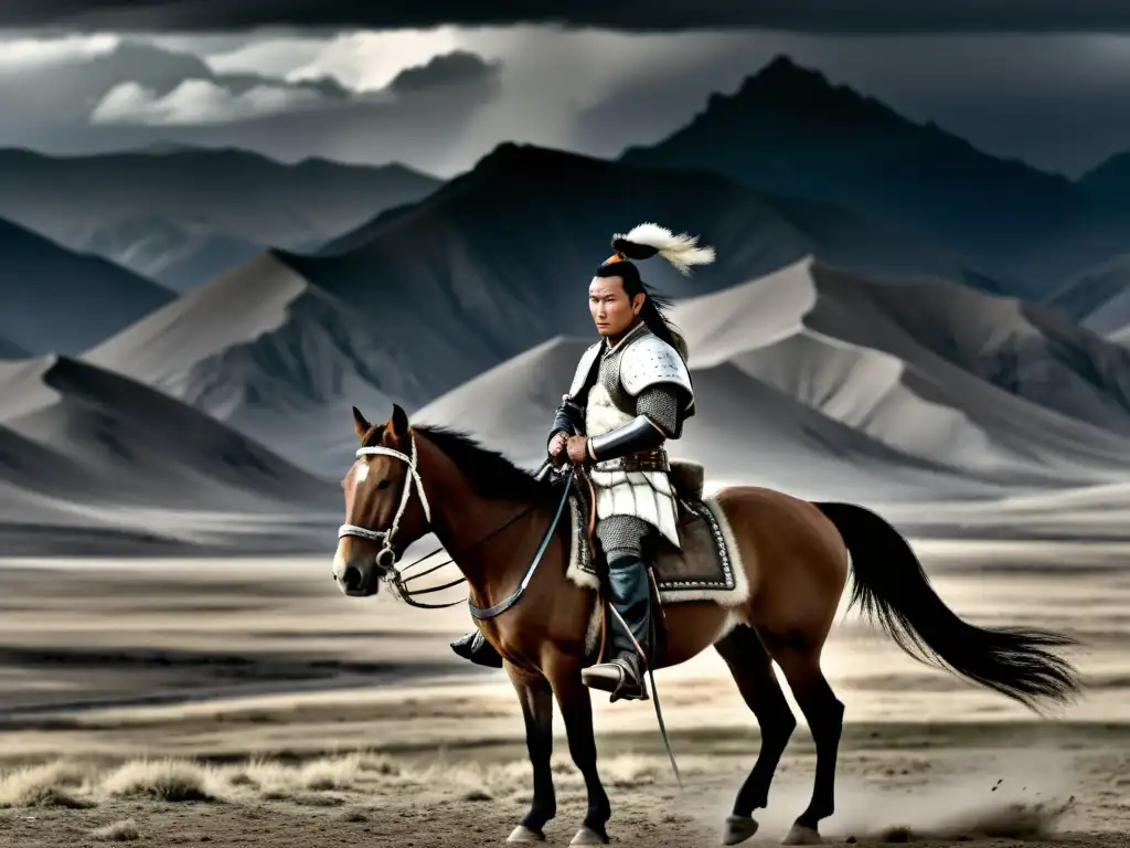 Un guerrero mongol a caballo, con armadura tradicional y mirada desafiante, en un paisaje desolado