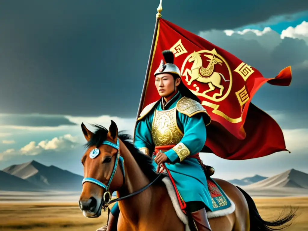 Un guerrero mongol a caballo con armadura tradicional y un estandarte con iconografía detallada, surca la estepa bajo un cielo dramático