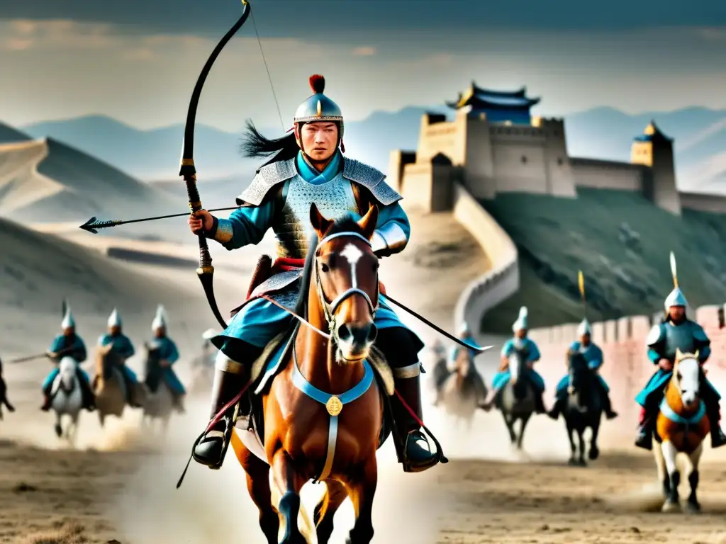 Un guerrero mongol a caballo lidera un ataque a una ciudad fortificada, mostrando la brutalidad y estrategia del Imperio Mongol en las leyes de guerra