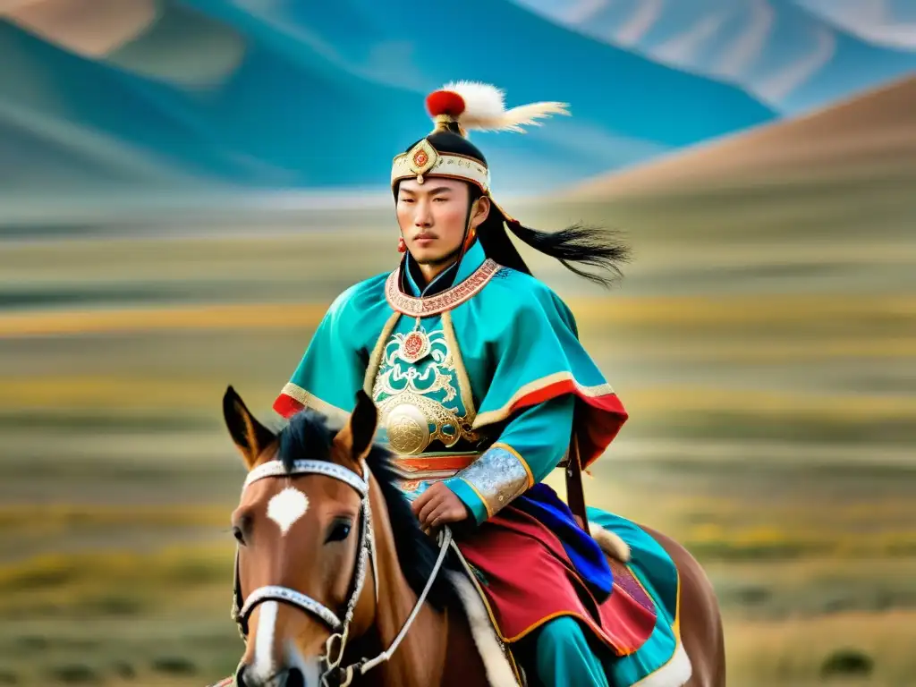 Guerrero mongol a caballo, vistiendo atuendo tradicional, en la vasta estepa