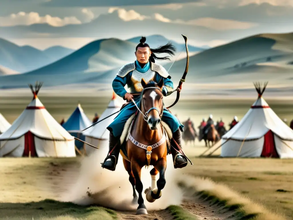 Un guerrero mongol a caballo lidera una carga en la llanura, mostrando la estrategia militar del imperio mongol