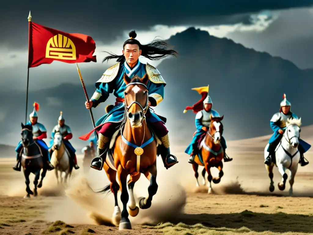 Guerrero mongol a caballo liderando una carga en la llanura con tempestad al fondo, evocando estrategias de guerra mongolas