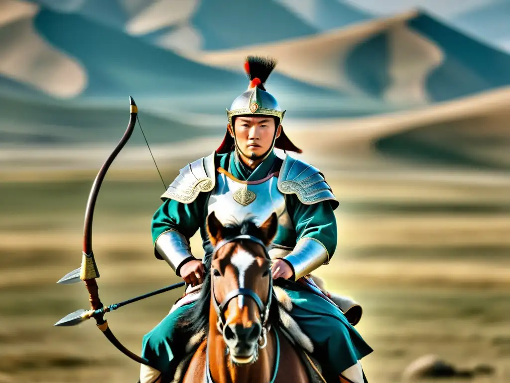 Un guerrero mongol a caballo con equipamiento de combate estratégico en la vasta estepa mongol