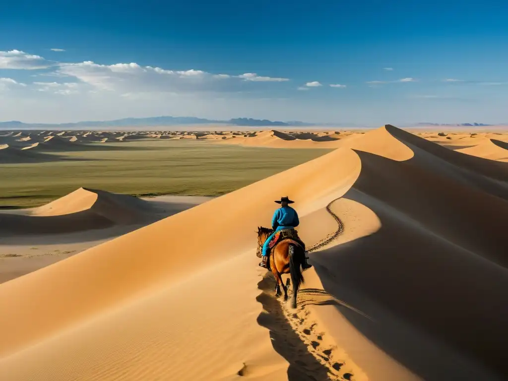 Un guerrero Mongol a caballo contempla estrategias de conquista en el vasto desierto del Gobi