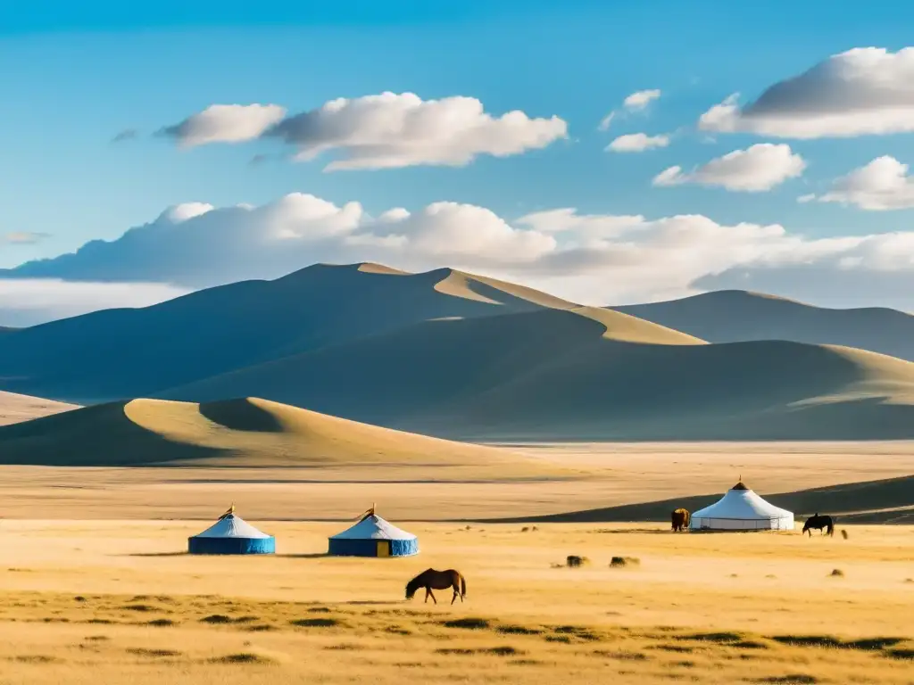 Un guerrero mongol a caballo contempla la inmensidad de las estepas doradas