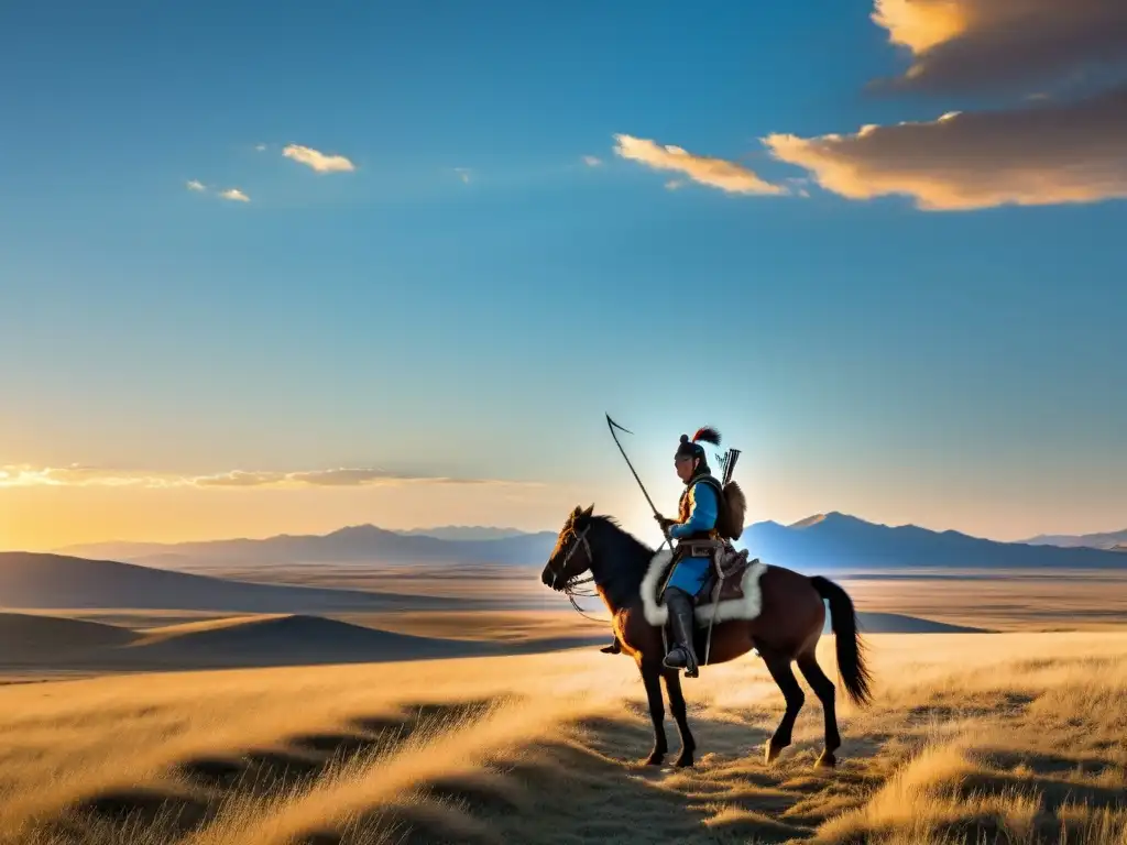 Un guerrero mongol a caballo en la estepa, con tácticas de guerra mongolas, bajo un cielo azul brillante y montañas al fondo