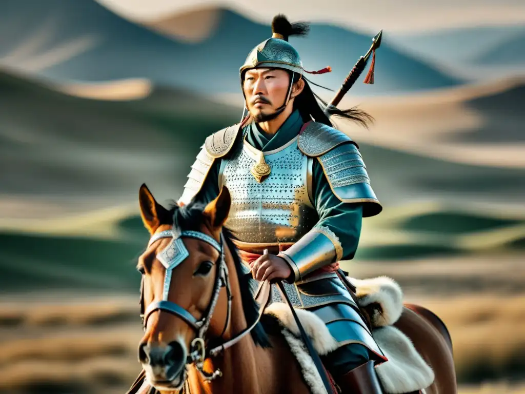 Un guerrero mongol a caballo en la vasta estepa, con expresión estoica y armas tradicionales, capturando la innovación tecnológica del Imperio Mongol