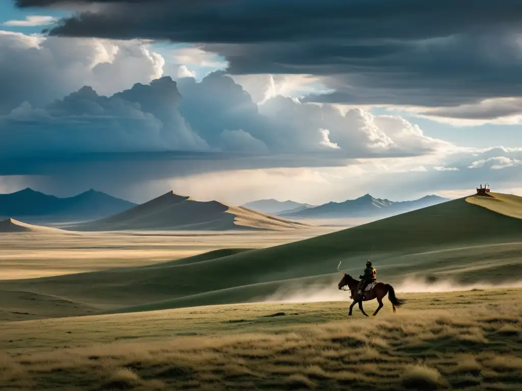 Guerrero mongol a caballo, admirando la vasta estepa con tácticas ejército mongol Asia