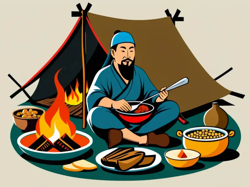 Un guerrero mongol disfruta de una comida abundante en un campamento, reflejando la dieta guerreros conquistadores mongoles