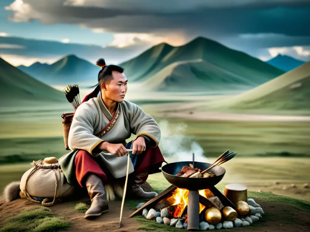 Un guerrero mongol prepara una comida tradicional sobre el fuego en las estepas