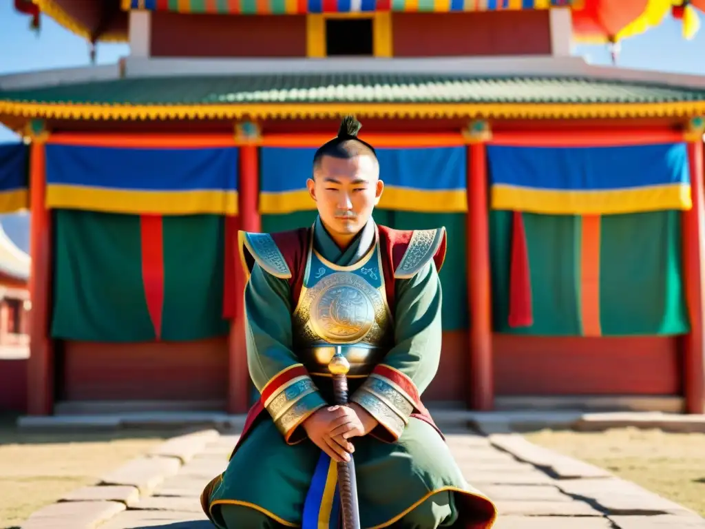 Un guerrero mongol se arrodilla frente a un templo budista tradicional, con banderas de oración ondeando al viento