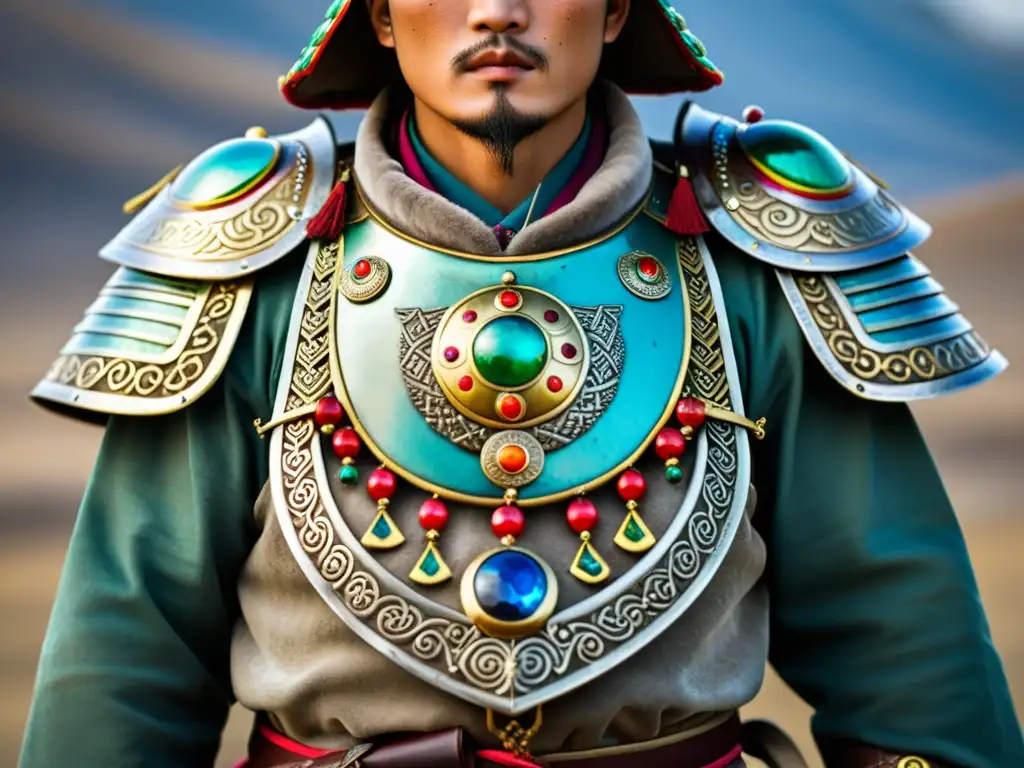 Armadura tradicional de guerrero mongol: historia y brillo en la estepa Un guerrero mongol destaca por la importancia de los adornos en su indumentaria, con gemas y metal elaborado, en la vasta estepa mongola