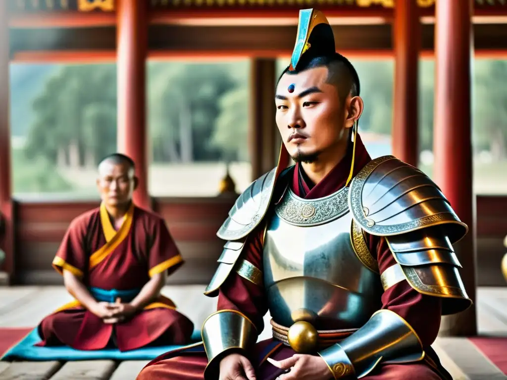 Un guerrero mongol en meditación junto a un monje budista en un monasterio, reflejando la armonía entre budismo y cultura guerrera mongola