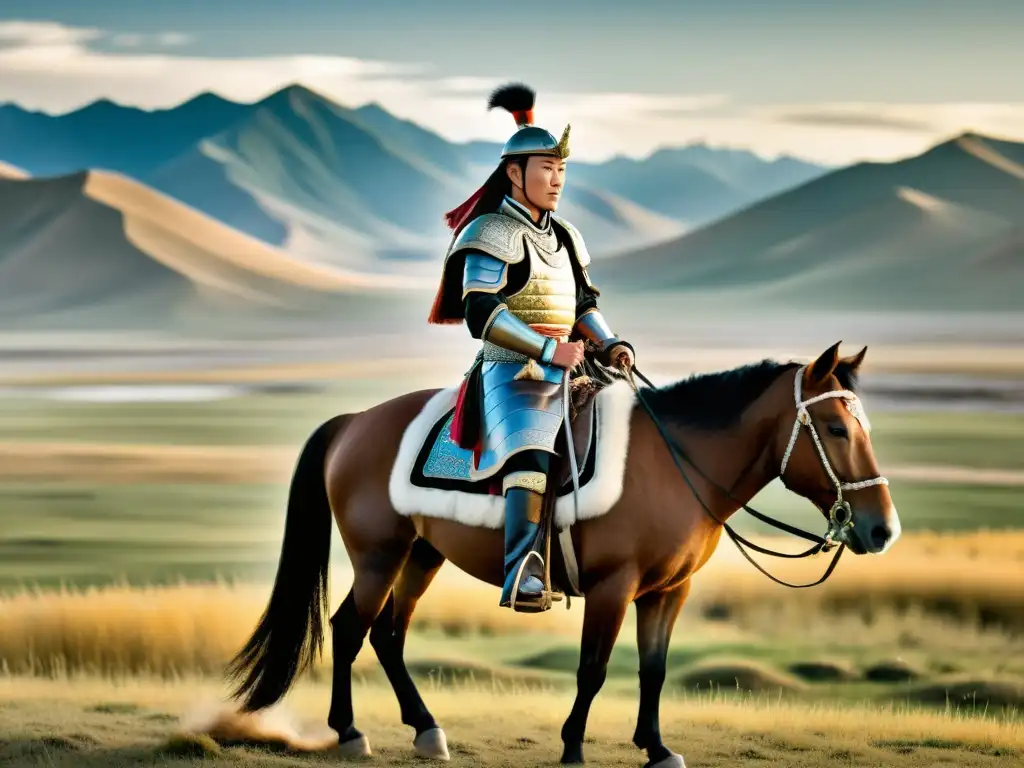 Un guerrero mongol montado en caballo, con vestimenta influenciada por conquistas, destaca en un paisaje vasto y majestuoso