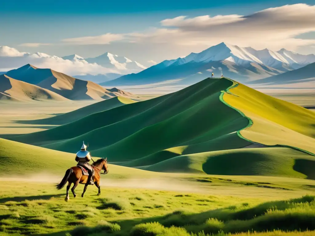 Un guerrero mongol en paisaje vasto, con montañas nevadas al fondo