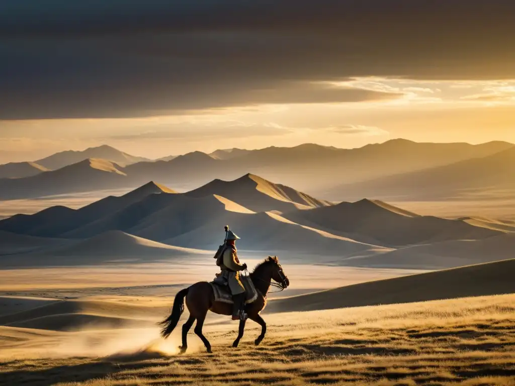 Un guerrero mongol solitario a caballo, con determinación en su rostro, la vasta estepa de fondo