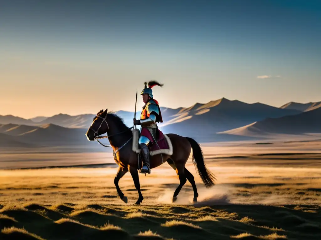 Un guerrero montado a caballo en la estepa mongol al amanecer, exudando liderazgo estratégico al estilo de Genghis Khan