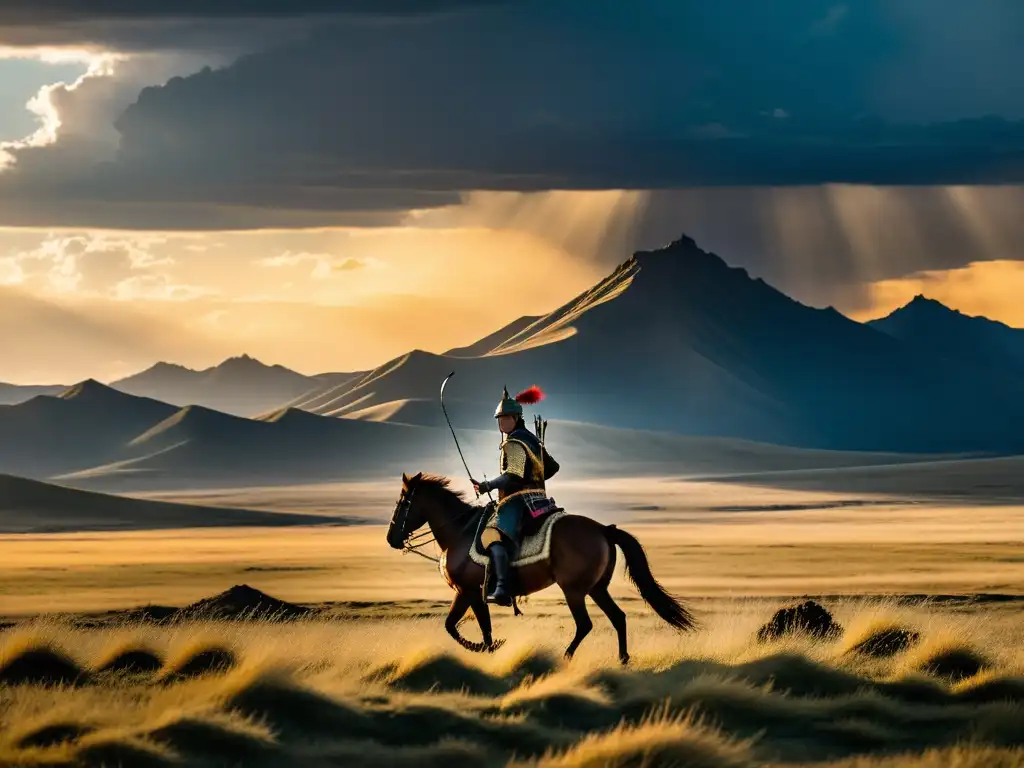 Un guerrero solitario a caballo en la vasta estepa mongola al atardecer, evocando estrategias militares Imperio Mongol