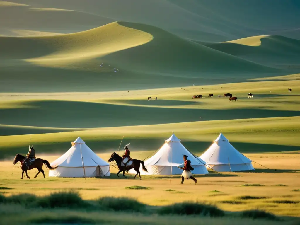 Guerreros mongoles practican arquería en la estepa, destacando el arte de la guerra mongol y la belleza de su cultura nómada