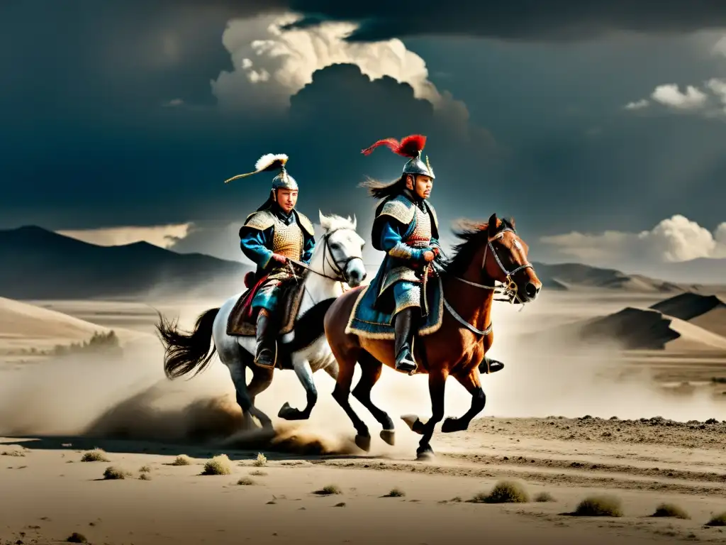 Mongolian warriors on horseback, clad in traditional armor, wielding weapons in a vast, barren landscape