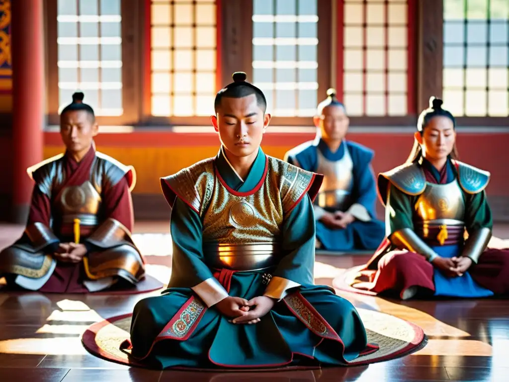 Guerreros mongoles practican meditación budista en un templo ancestral, creando armonía entre budismo y cultura guerrera mongola