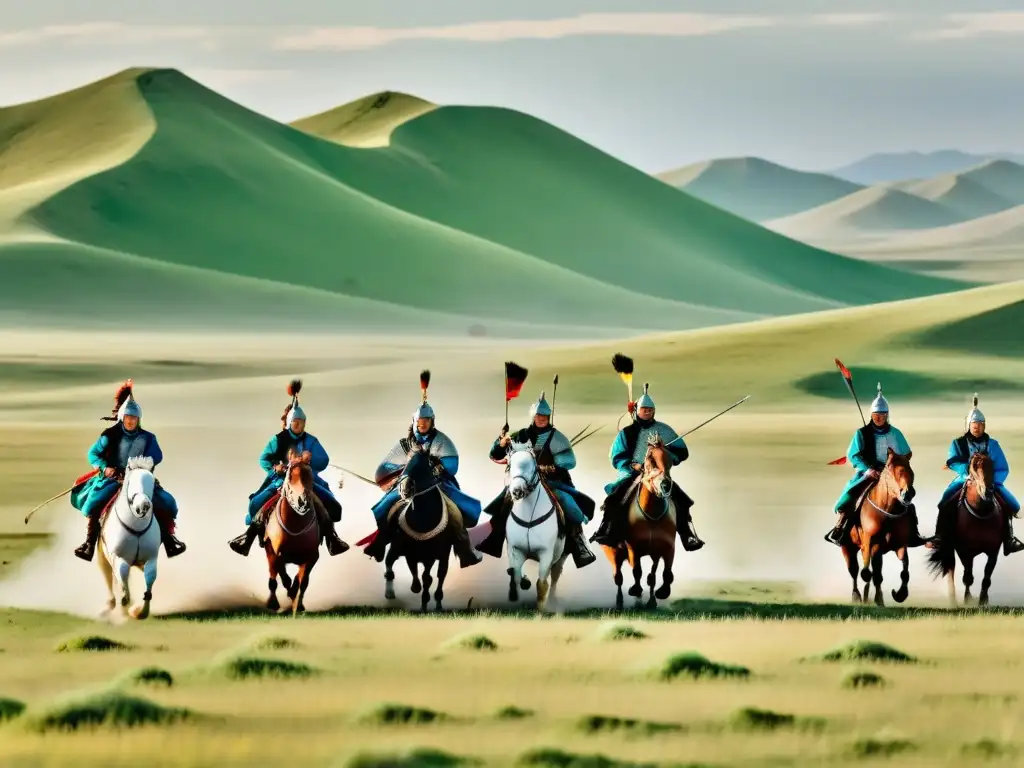 Guerreros mongoles a caballo practicando estrategias de guerra mongolas tradicionales en la vasta estepa de Mongolia al atardecer