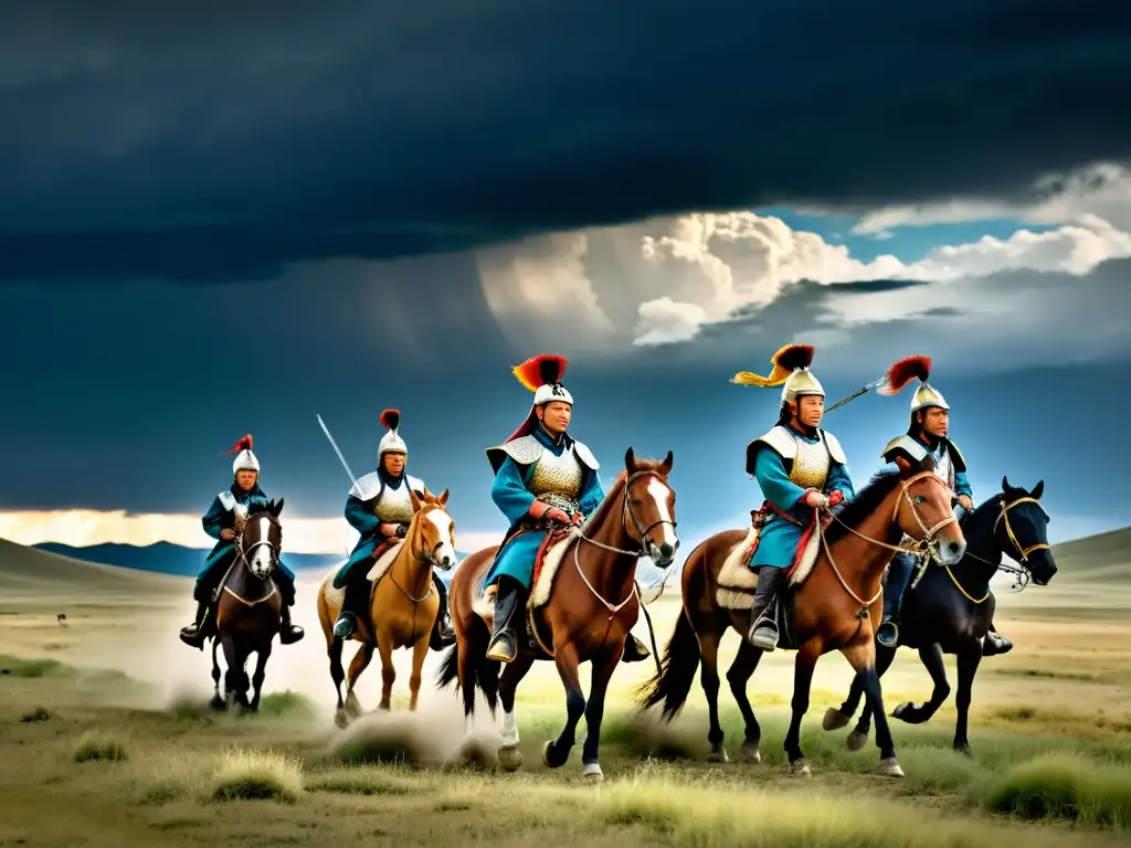 Guerreros mongoles a caballo en la estepa, demostrando tácticas de guerra mongolas adaptadas bajo el cielo dramático