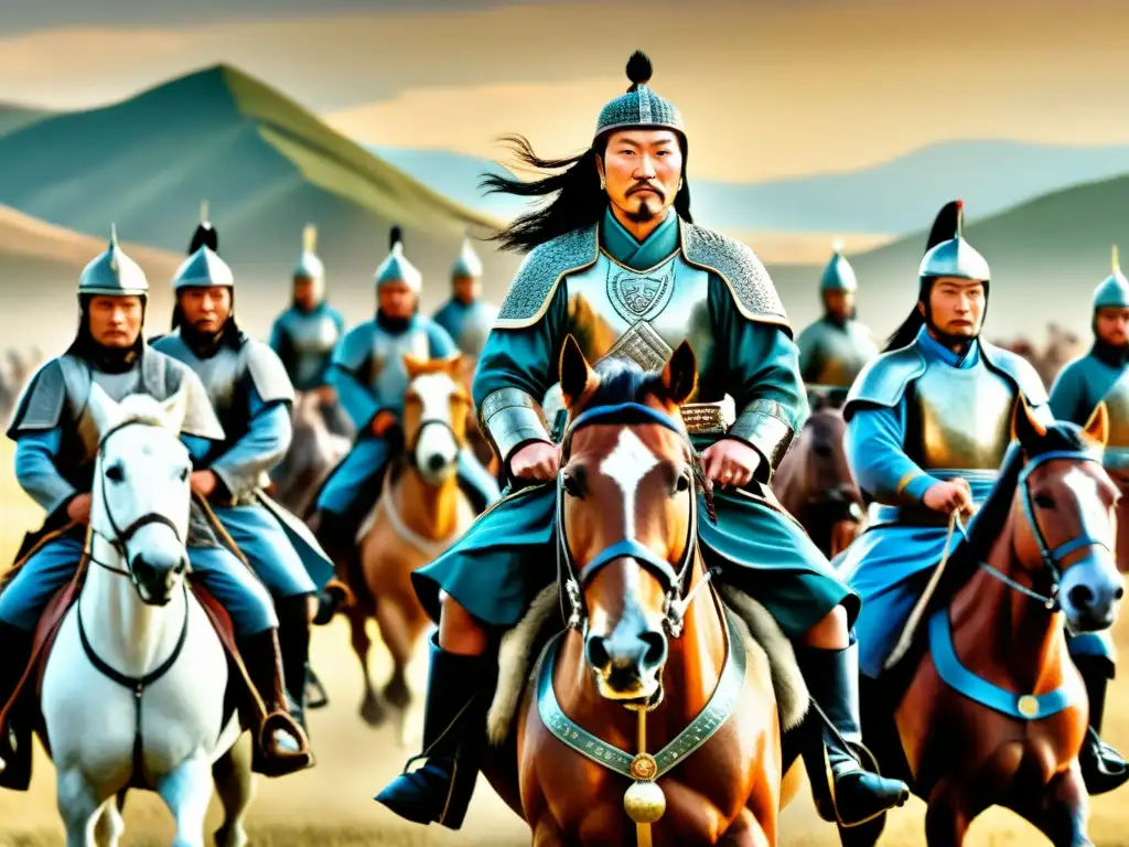 Gengis Khan lidera a sus guerreros mongoles en una épica batalla, mostrando el poder del Imperio Mongol