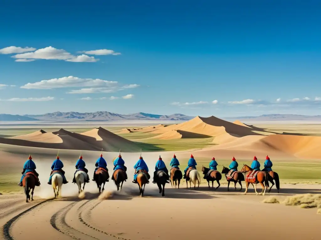 Expansión mongola hacia el Este: Guerreros en la vastedad del desierto del Gobi, sus estandartes ondeando en la brisa, reflejando determinación